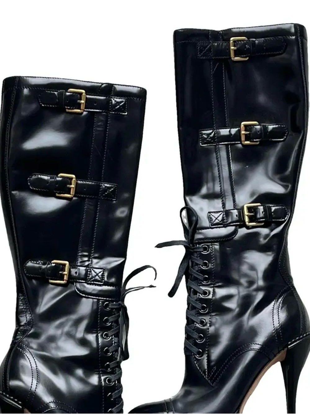 GUCCI VINTAGE Black Leather Riddle Knee High Lace-Up Platform Heeled Boot 2009 - Picture 6 of 15